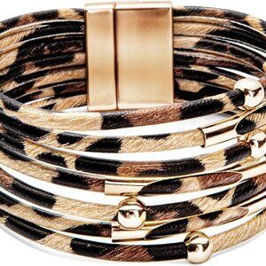 Leopard Bracelet for Women, Boho Leather Wrap Multi-Layer Pearl Crystal Bracelet